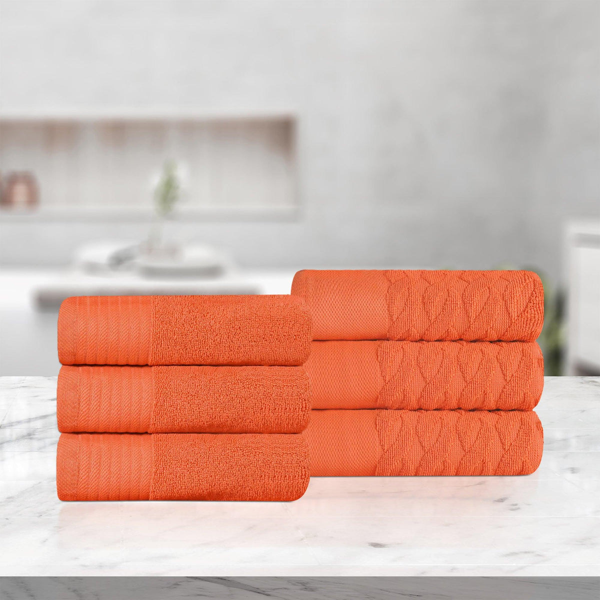 Premium Turkish Cotton Jacquard Herringbone and Solid 6-Piece Hand Towel Set - Emberglow