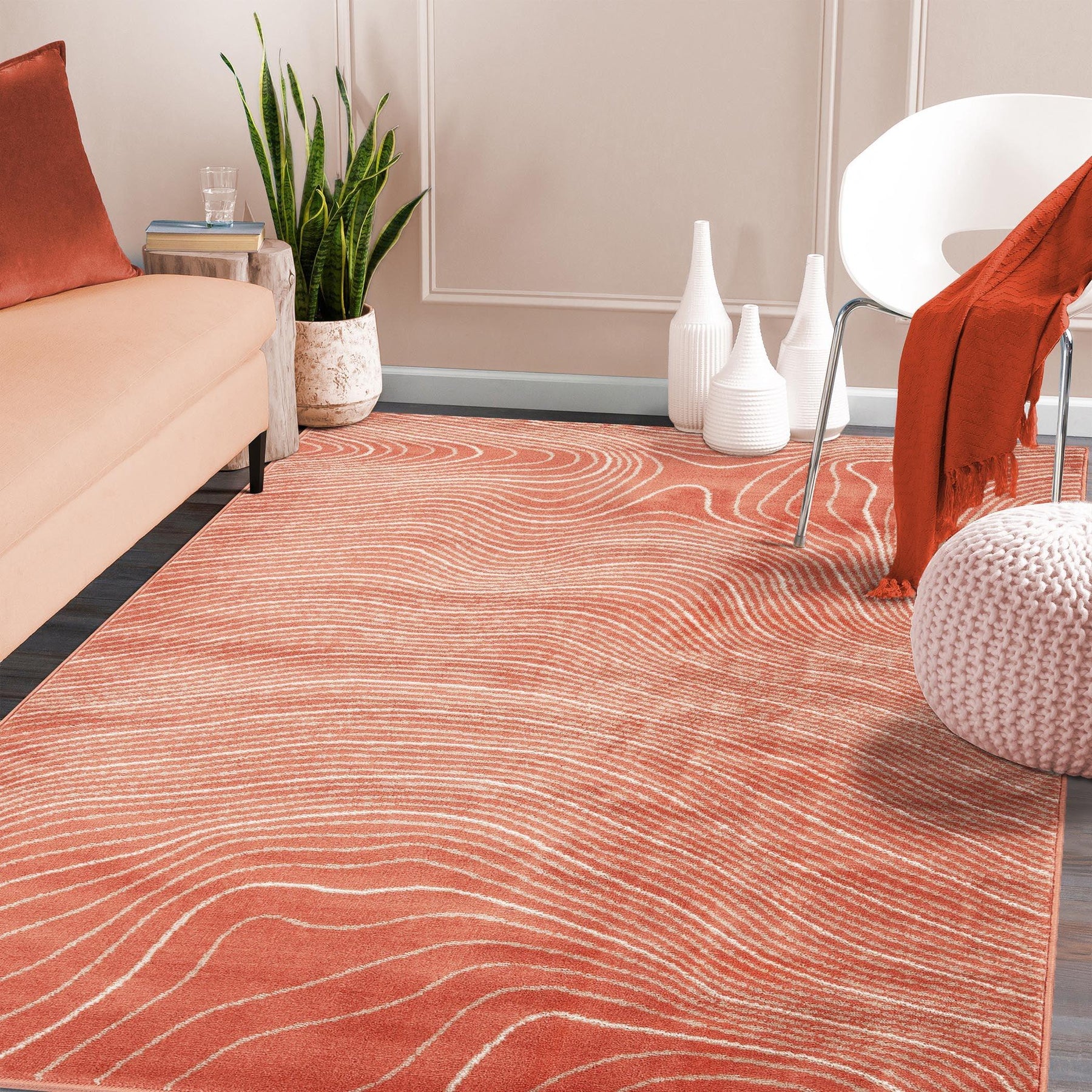 Modern Abstract Line Design Indoor Area Rug or Runner - Coral
