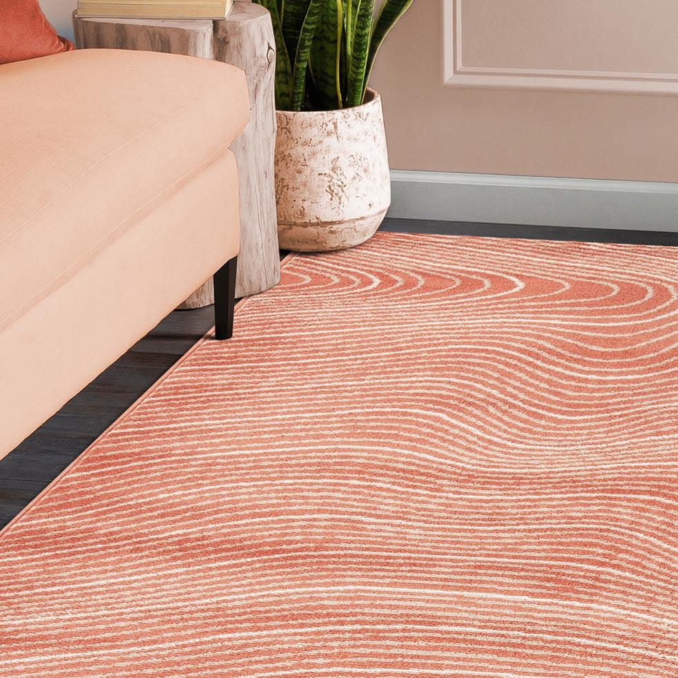 Modern Abstract Line Design Indoor Area Rug or Runner - Coral