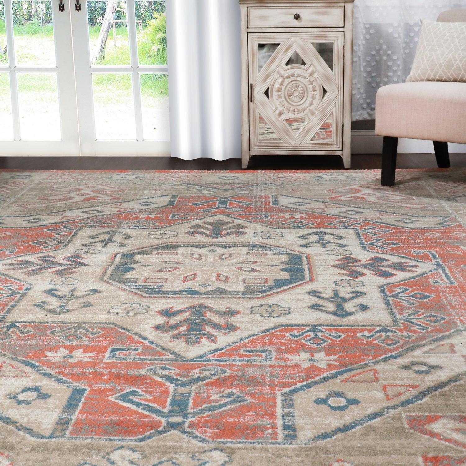 Rustic Distressed Geometric Design Indoor Home Area Rug Collection - Rust