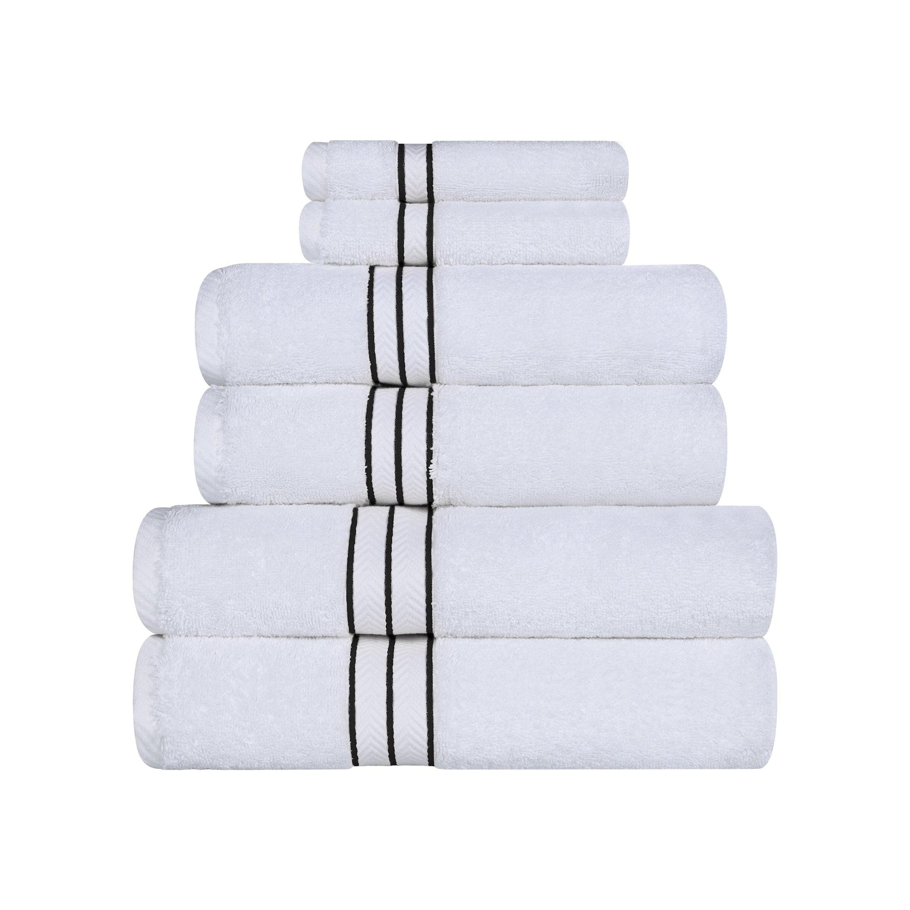 Turkish Cotton Heavyweight Ultra-Plush 6 Piece Bath Towel Set - white/black