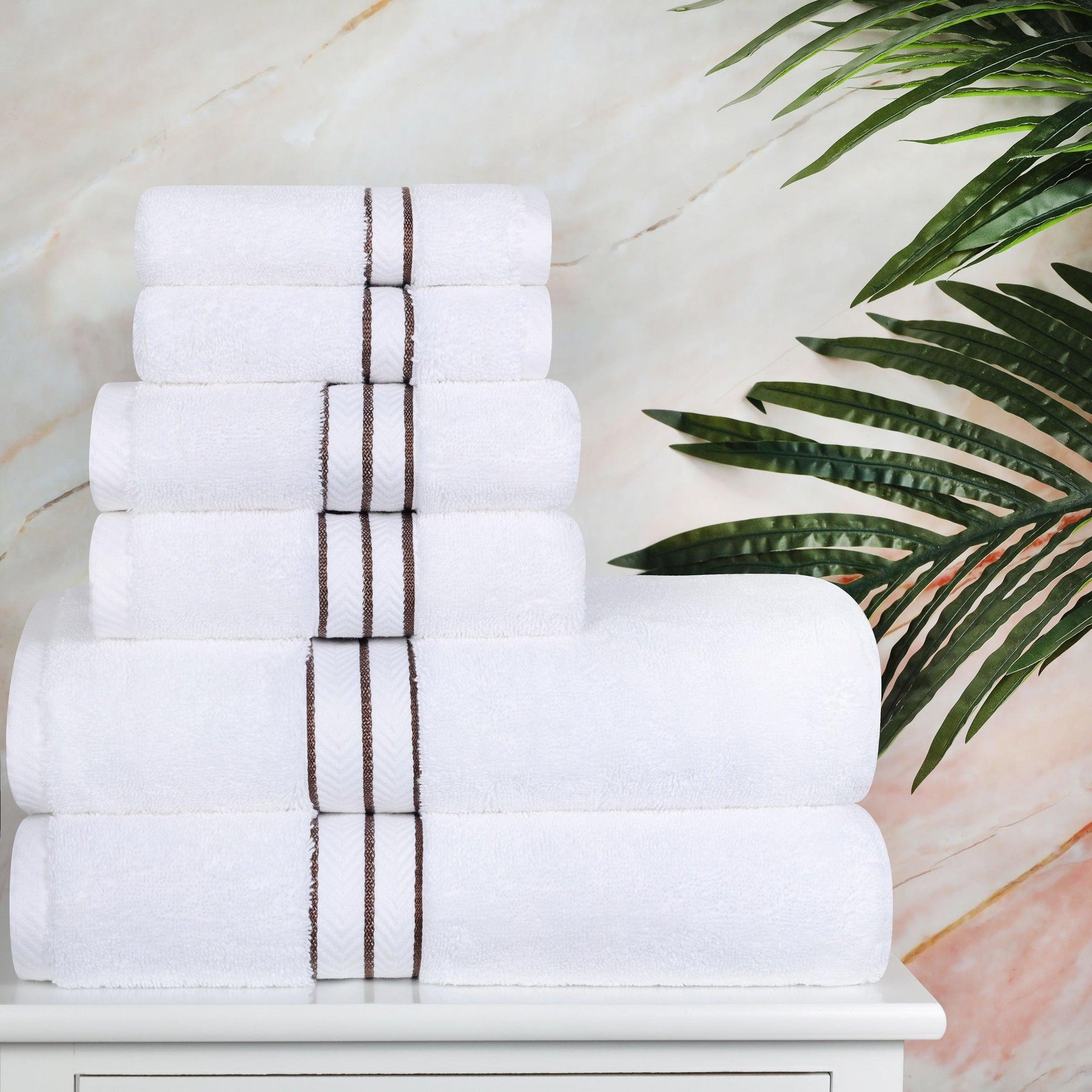  Turkish Cotton Heavyweight Ultra-Plush 6 Piece Bath Towel Set - White/Choco