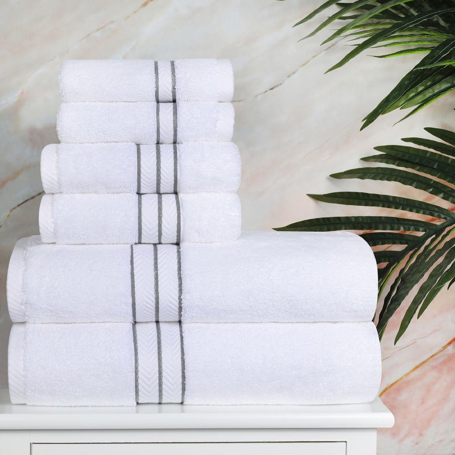  Turkish Cotton Heavyweight Ultra-Plush 6 Piece Bath Towel Set -  White/Charcoal