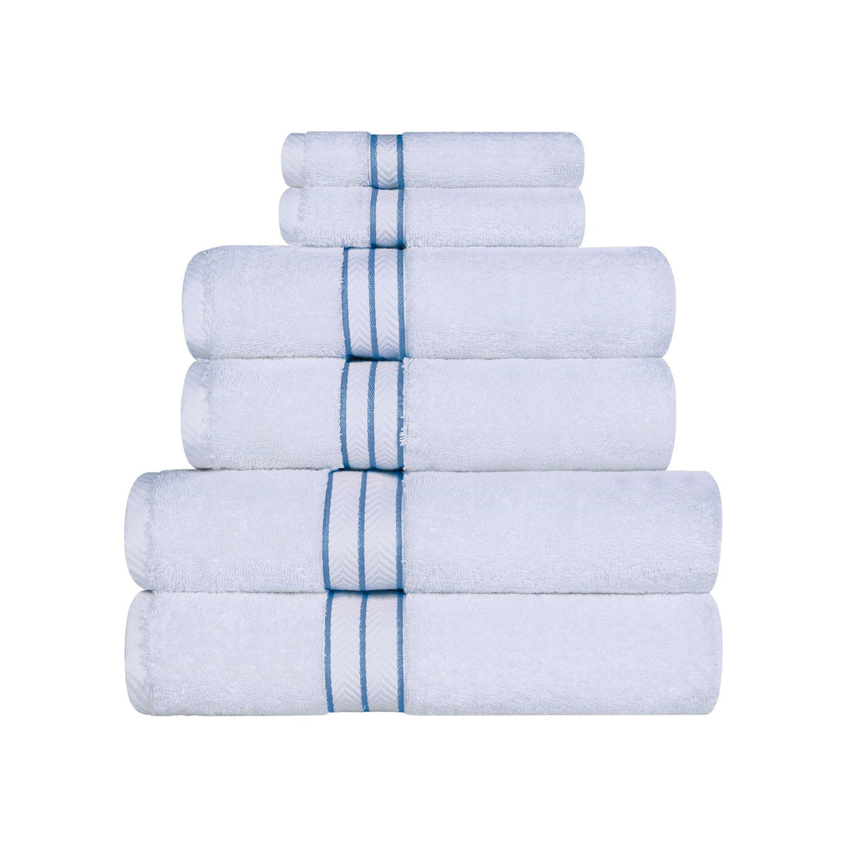 Turkish Cotton Heavyweight Ultra-Plush 6 Piece Bath Towel Set -  White/light blue