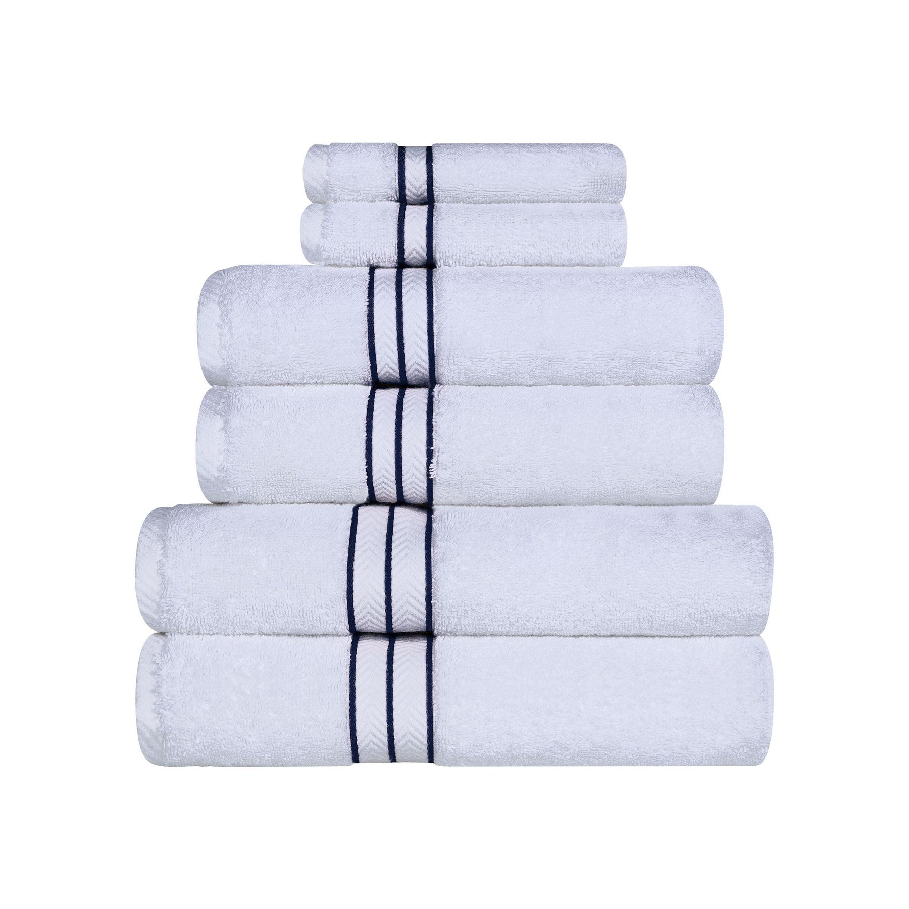 Turkish Cotton Heavyweight Ultra-Plush 6 Piece Bath Towel Set - White/navy Blue