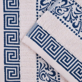 Superior Athens Cotton 8-Piece Towel Set with Greek Scroll and Floral Pattern - Ivory-Navy