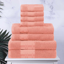 Superior Larissa Cotton 8-Piece Assorted Towel Set with Geometric Embroidered Jacquard Border  - Coral