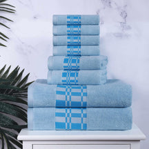 Superior Larissa Cotton 8-Piece Assorted Towel Set with Geometric Embroidered Jacquard Border  - Light Blue
