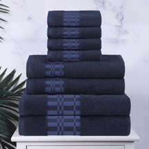 Superior Larissa Cotton 8-Piece Assorted Towel Set with Geometric Embroidered Jacquard Border  - Navy Blue