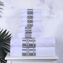 Superior Larissa Cotton 8-Piece Assorted Towel Set with Geometric Embroidered Jacquard Border  - White