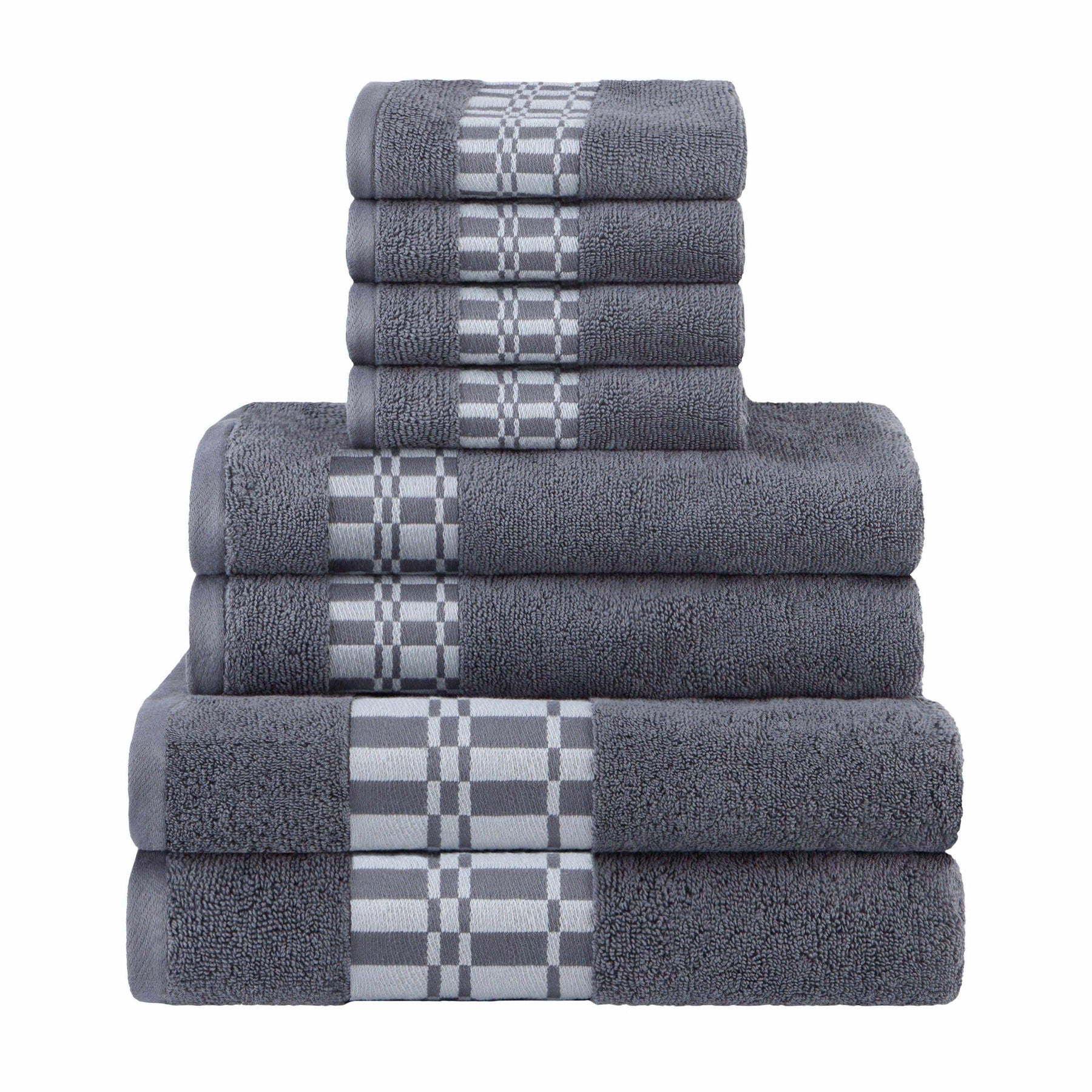  Superior Larissa Cotton 8-Piece Assorted Towel Set with Geometric Embroidered Jacquard Border - Grey