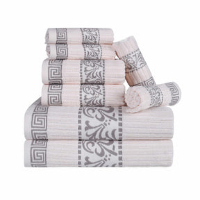 Superior Athens Cotton 8-Piece Towel Set with Greek Scroll and Floral Pattern - Ivory-Chrome