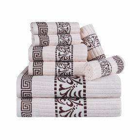 Superior Athens Cotton 8-Piece Towel Set with Greek Scroll and Floral Pattern - Ivory-Chocolate