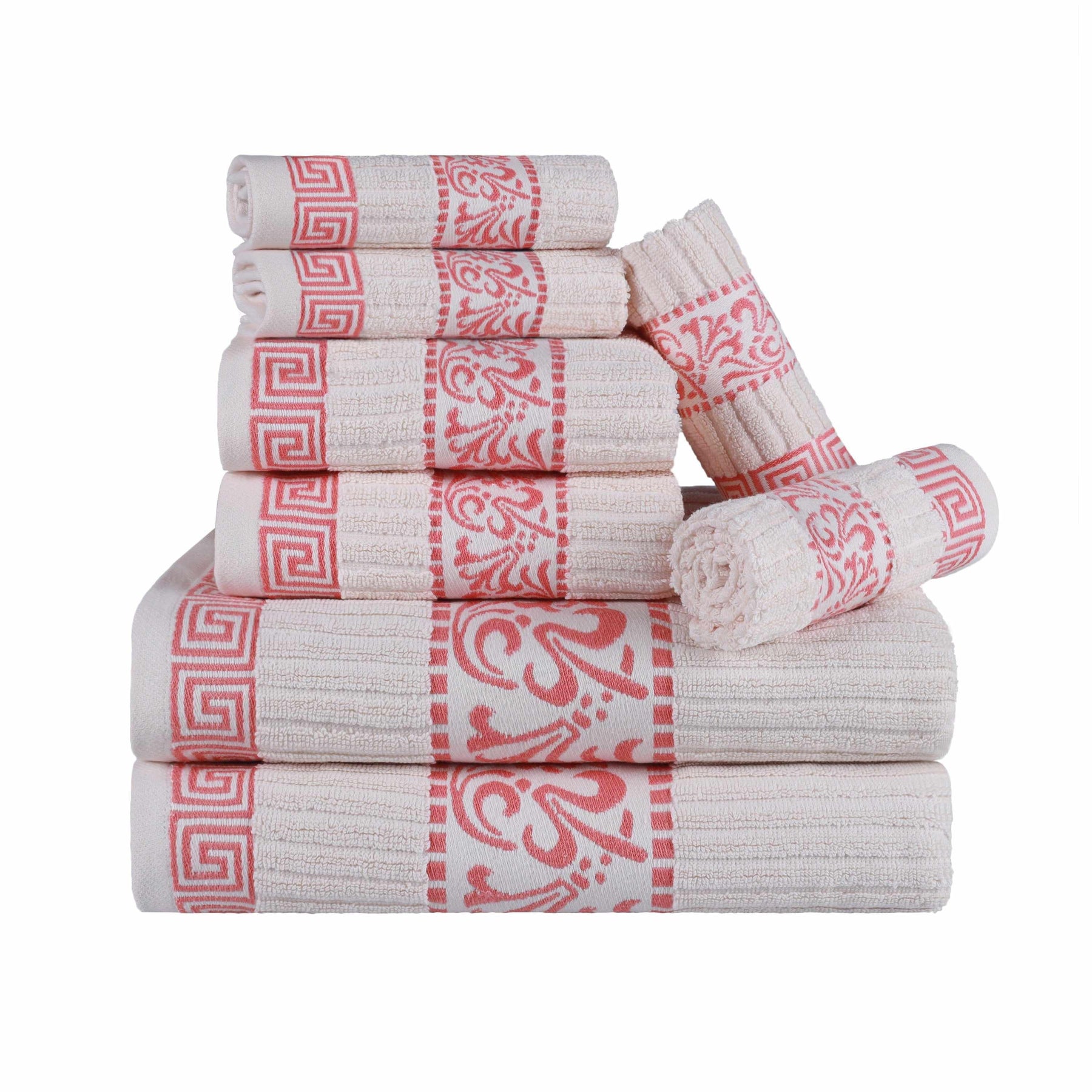 Superior Athens Cotton 8-Piece Towel Set with Greek Scroll and Floral Pattern - Ivory-Coral