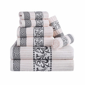 Superior Athens Cotton 8-Piece Towel Set with Greek Scroll and Floral Pattern - Ivory-Grey