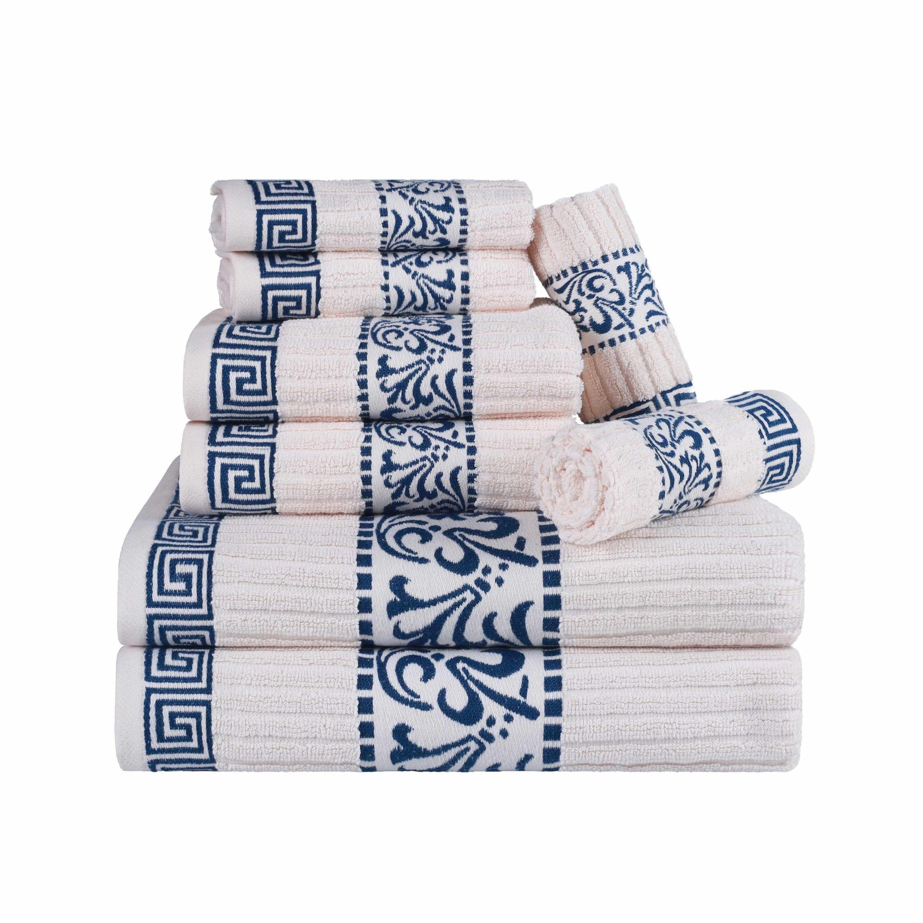 Superior Athens Cotton 8-Piece Towel Set with Greek Scroll and Floral Pattern - Ivory-Navy