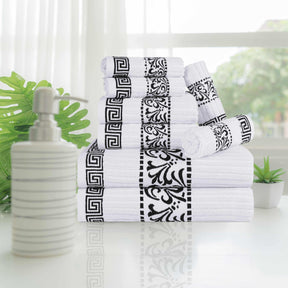 Superior Athens Cotton 8-Piece Towel Set with Greek Scroll and Floral Pattern - White-Black