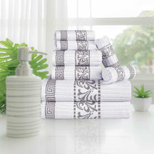Superior Athens Cotton 8-Piece Towel Set with Greek Scroll and Floral Pattern - White-Chrome