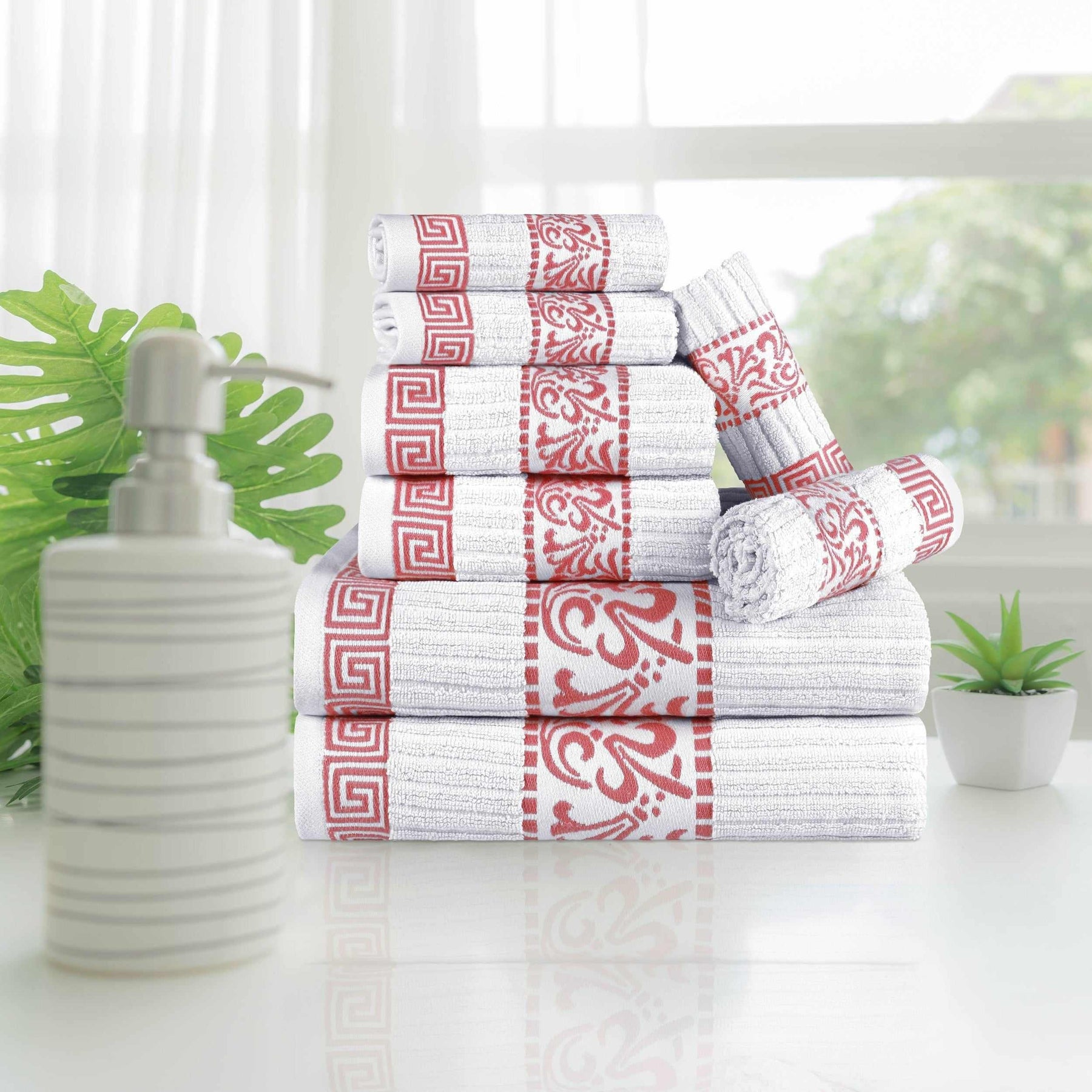 Superior Athens Cotton 8-Piece Towel Set with Greek Scroll and Floral Pattern - White-Coral
