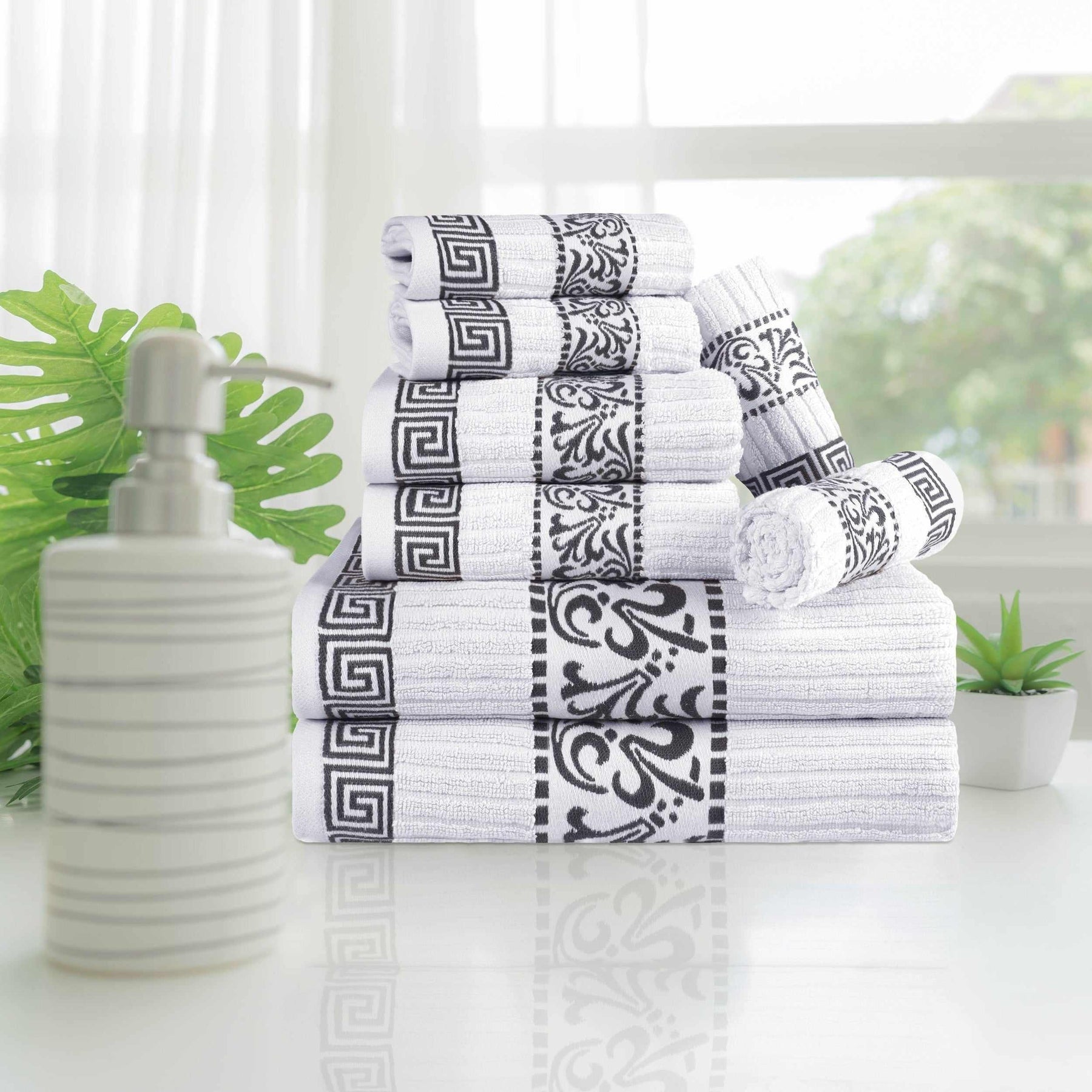 Superior Athens Cotton 8-Piece Towel Set with Greek Scroll and Floral Pattern - White-Chrome