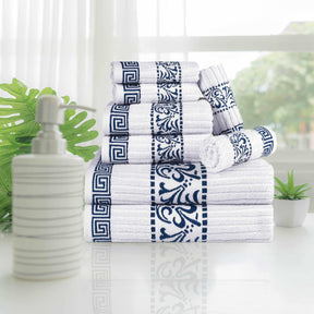 Superior Athens Cotton 8-Piece Towel Set with Greek Scroll and Floral Pattern - White-Navy