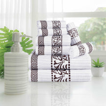 Superior Athens Cotton 8-Piece Towel Set with Greek Scroll and Floral Pattern - White-Chocolate