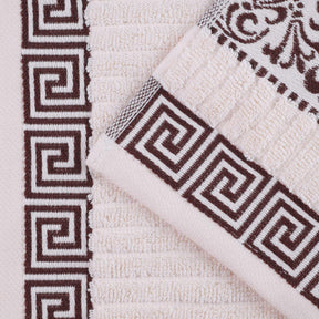 Superior Athens Cotton 8-Piece Towel Set with Greek Scroll and Floral Pattern - Ivory-Chocolate