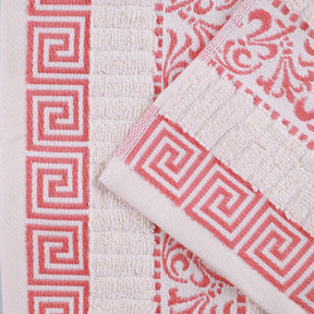 Superior Athens Cotton 8-Piece Towel Set with Greek Scroll and Floral Pattern - Ivory-Coral