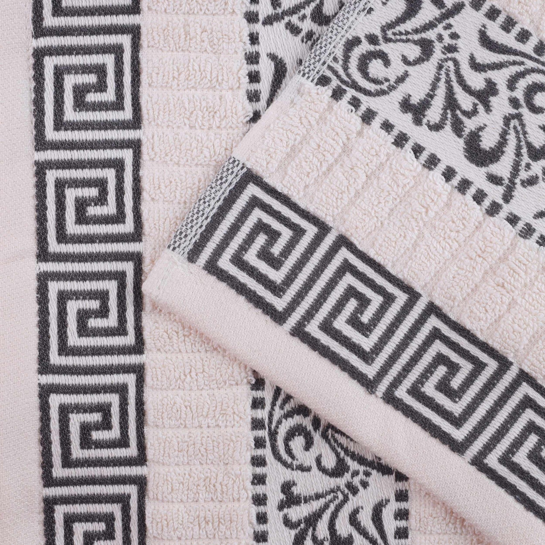 Superior Athens Cotton 8-Piece Towel Set with Greek Scroll and Floral Pattern - Ivory-Grey