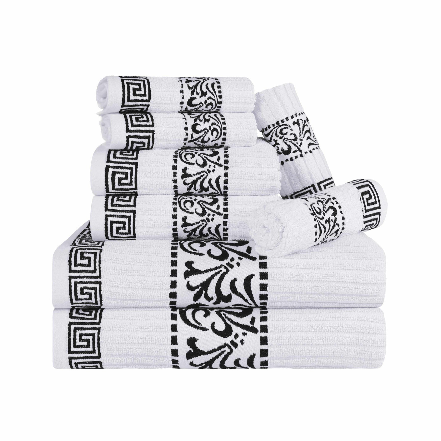 Superior Athens Cotton 8-Piece Towel Set with Greek Scroll and Floral Pattern - White-Black