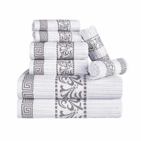 Superior Athens Cotton 8-Piece Towel Set with Greek Scroll and Floral Pattern - Ivory-Chrome