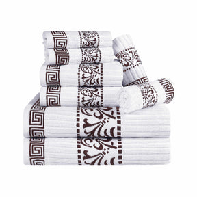 Superior Athens Cotton 8-Piece Towel Set with Greek Scroll and Floral Pattern - White-Chocolate