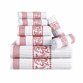 Superior Athens Cotton 8-Piece Towel Set with Greek Scroll and Floral Pattern - White-Coral