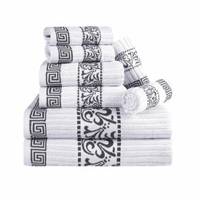 Superior Athens Cotton 8-Piece Towel Set with Greek Scroll and Floral Pattern - White-Chrome