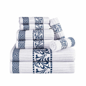 Superior Athens Cotton 8-Piece Towel Set with Greek Scroll and Floral Pattern - White-Navy