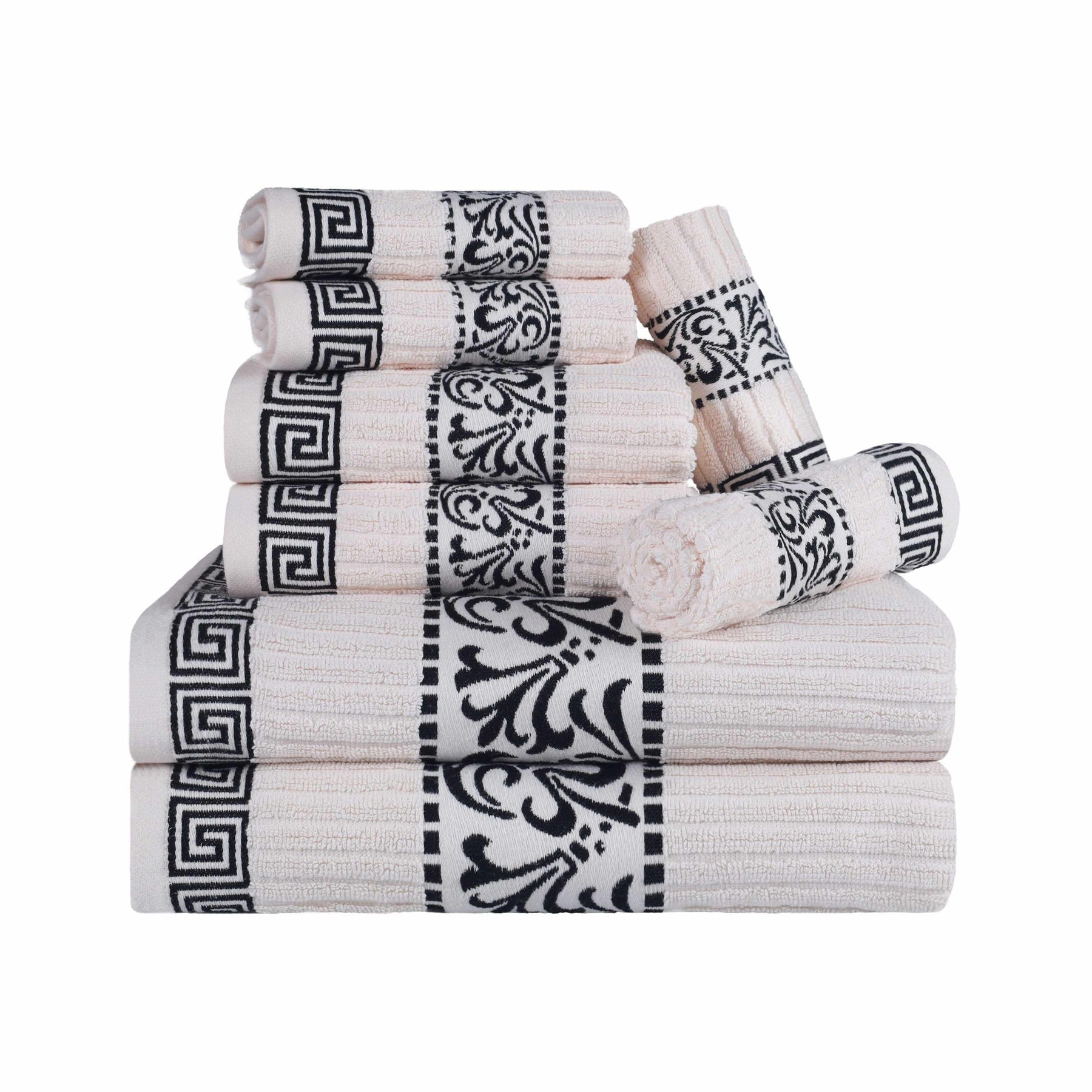 Superior Athens Cotton 8-Piece Towel Set with Greek Scroll and Floral Pattern - Ivory-Black