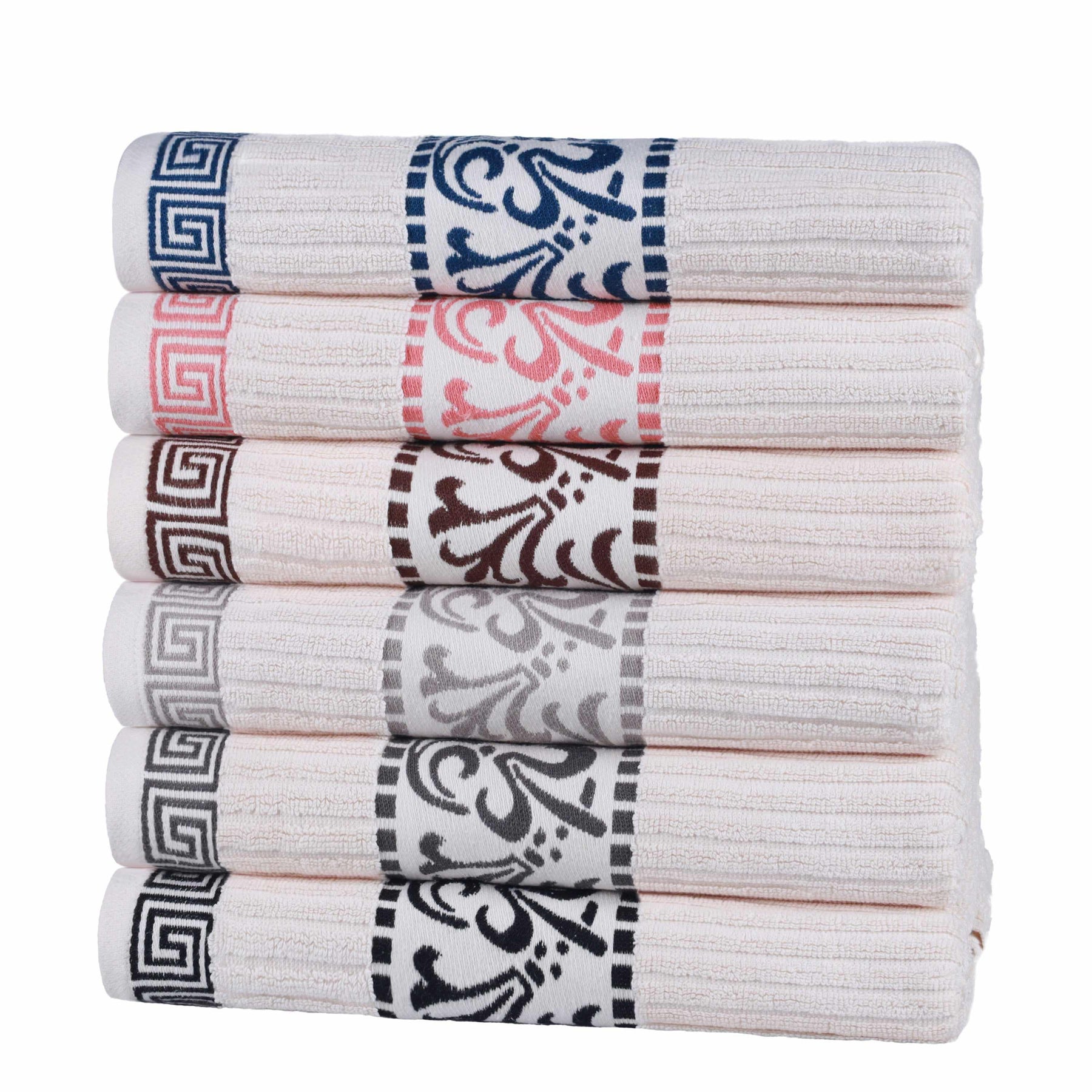  Superior Athens Cotton 8-Piece Towel Set with Greek Scroll and Floral Pattern - White-Navy