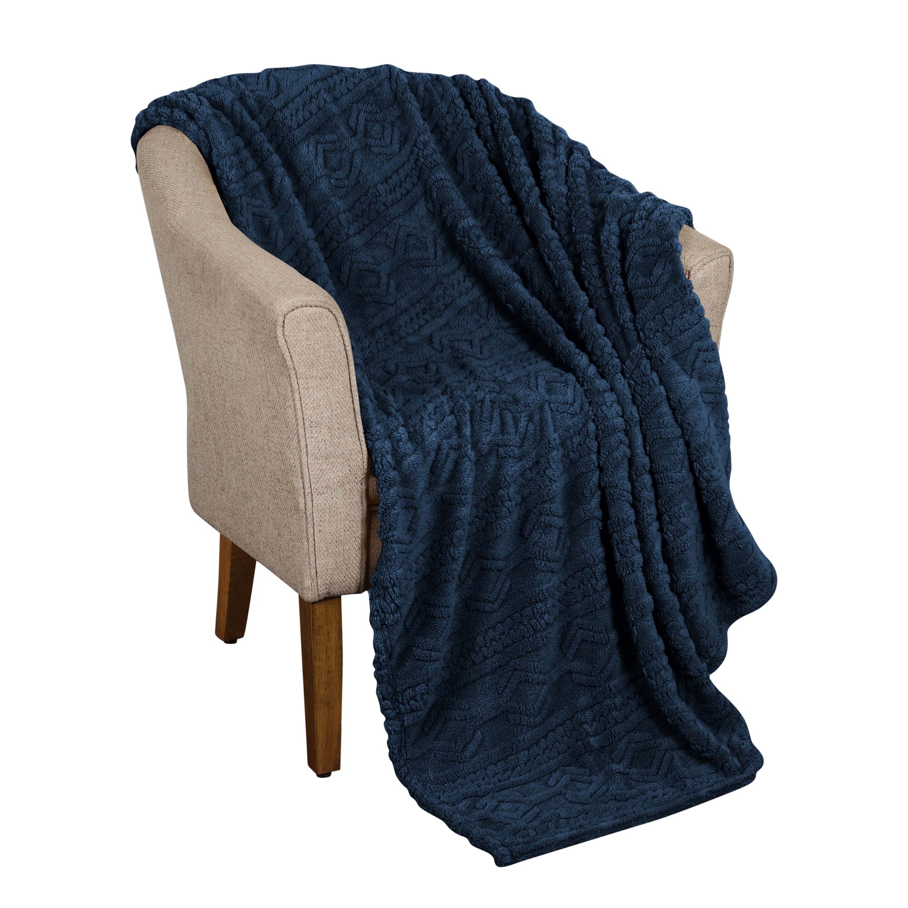 Superior Arctic Boho Knit Jacquard Fleece Plush Fluffy Blanket - Navy Blue