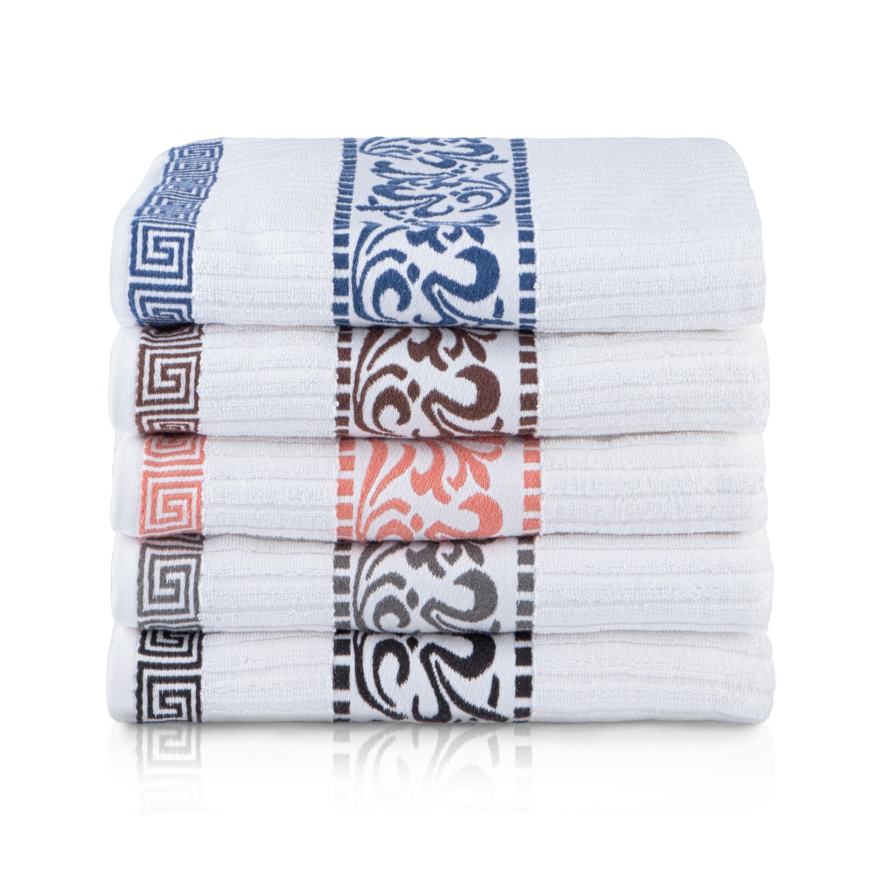 Superior Athens Cotton 8-Piece Towel Set with Greek Scroll and Floral Pattern - White-Navy