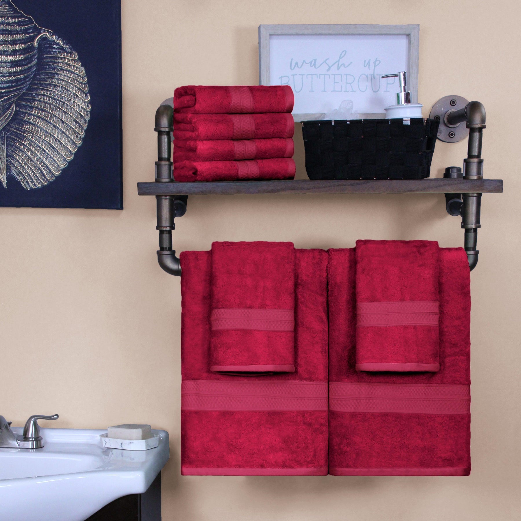  Ultra-Soft Hypoallergenic Rayon from Bamboo Cotton Blend Bath and Hand Towel Set - Crimson