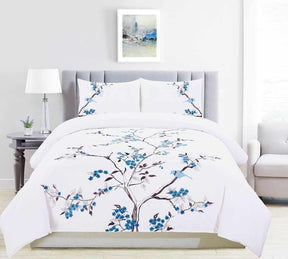 Superior Cherry Garden Embroidered Cotton Duvet Cover Set - Blue