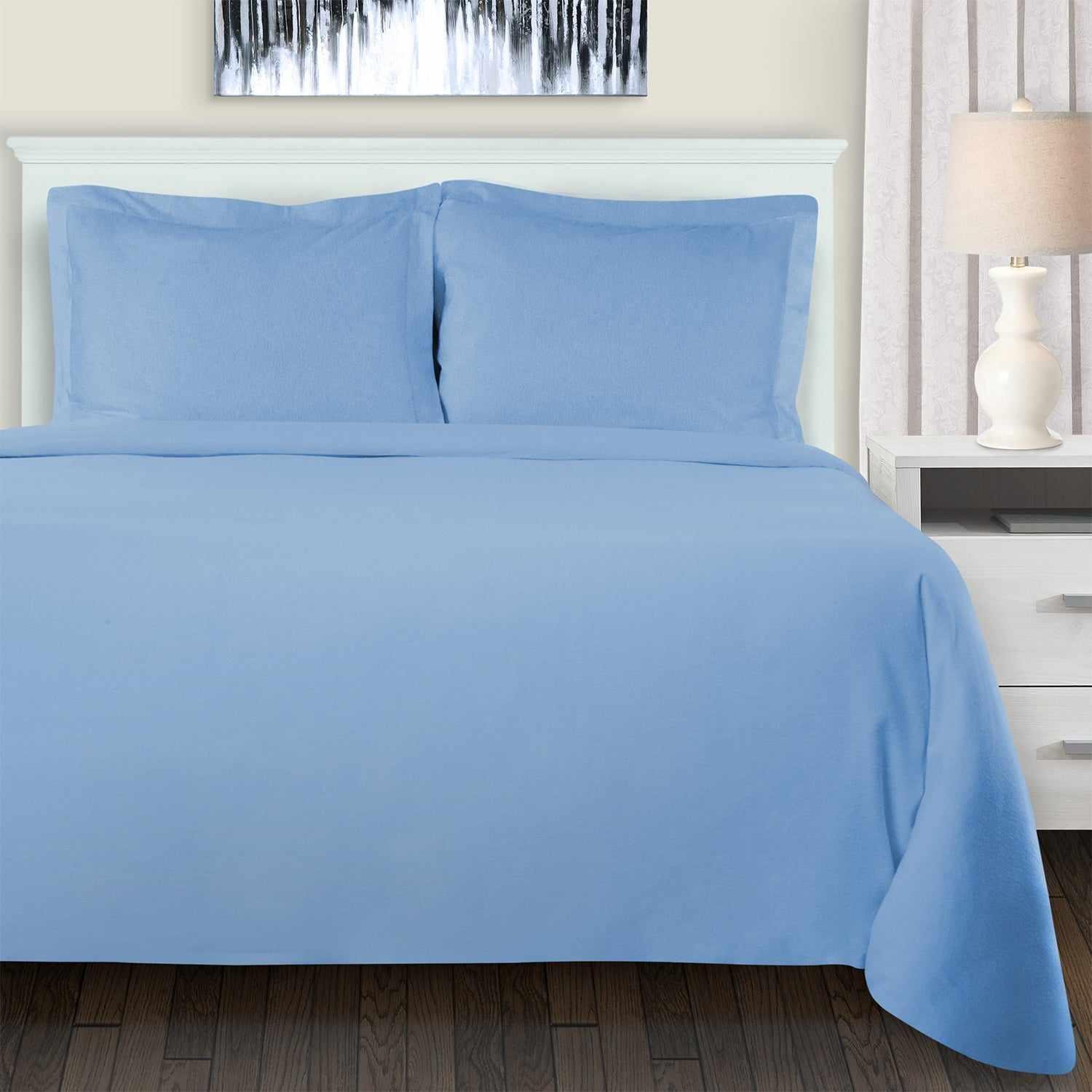 Superior Cotton Flannel Solid or Trellis Heavyweight and Breathable Duvet Cover Set with Button Closure - Light Blue