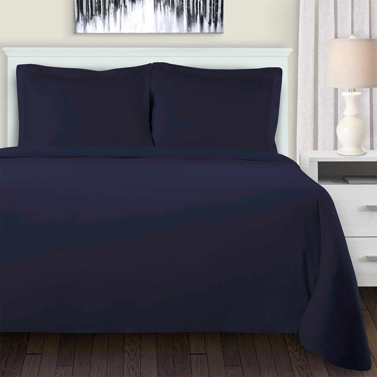 Superior Cotton Flannel Solid or Trellis Heavyweight and Breathable Duvet Cover Set with Button Closure - Navy Blue