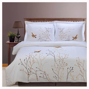 Superior Embroidered Swallow and Floral Cotton Duvet Cover Set -Brown