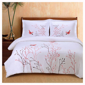Superior Embroidered Swallow and Floral Cotton Duvet Cover Set - Red