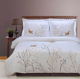 Superior Embroidered Swallow and Floral Cotton Duvet Cover Set -Gold