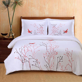 Superior Embroidered Swallow and Floral Cotton Duvet Cover Set - Red