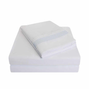Superior Embroidered Zig Zag Wrinkle Resistant Deep Pocket Microfiber Sheet Set -White/Light blue