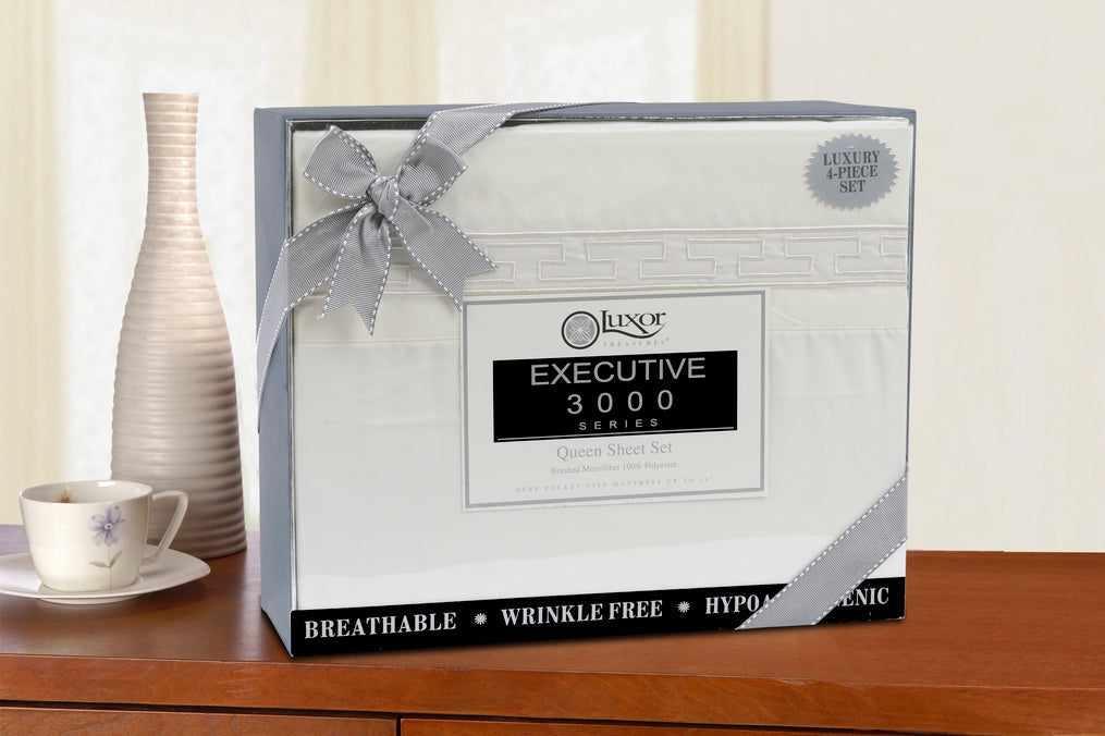  Superior Executive 3000 Series Solid Regal Embroidery Durable Soft Wrinkle Free Sheet Set -  White