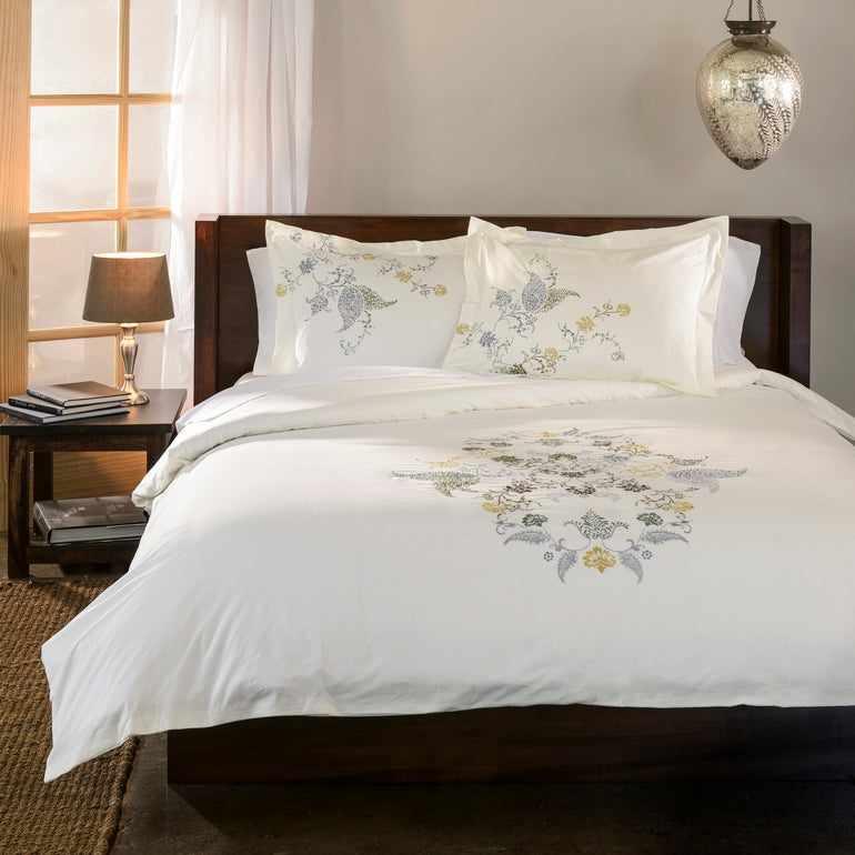 Superior Hyacinth Embroidered Floral Cotton Duvet Cover Set - White